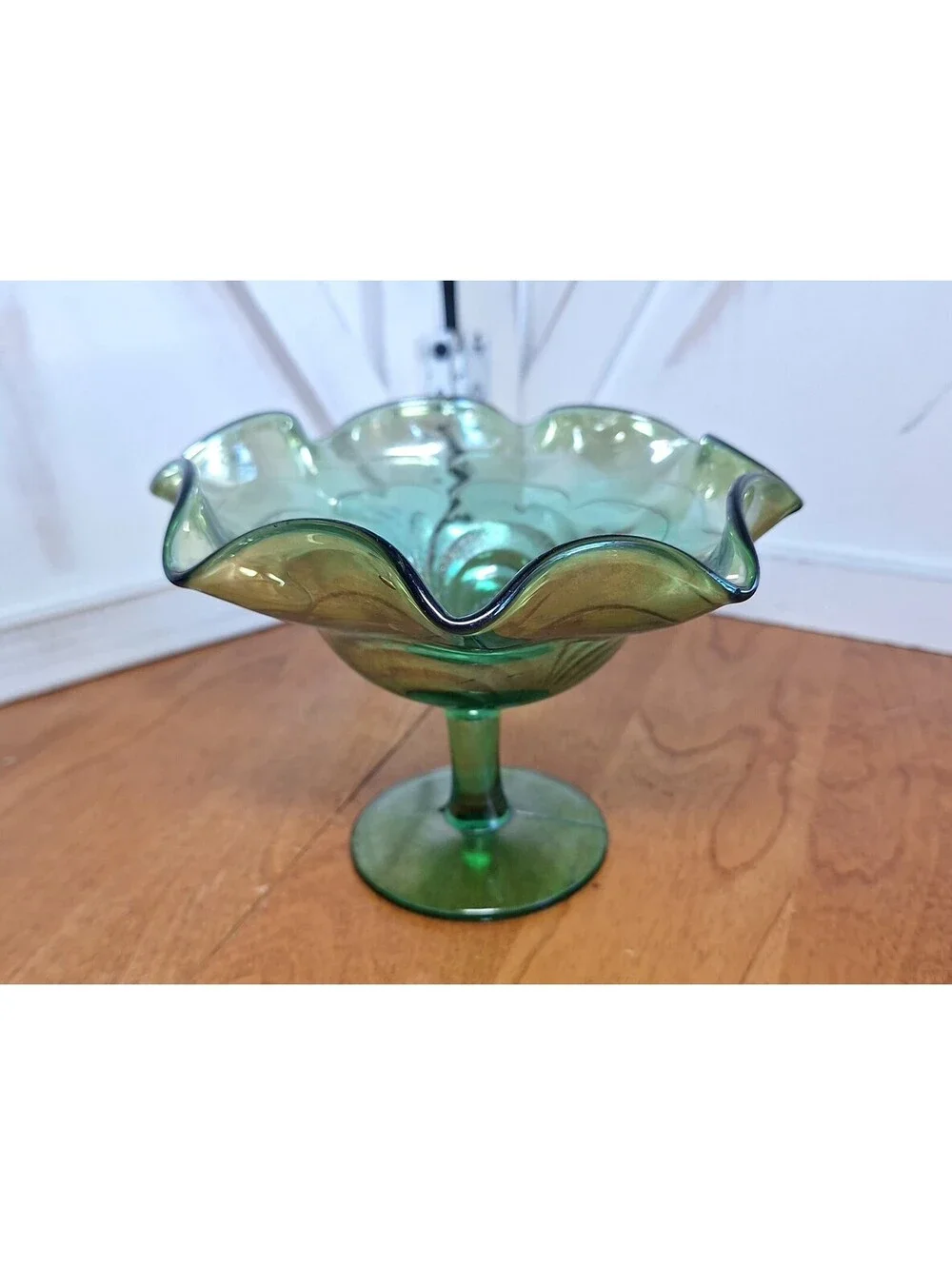 VTG Uranium Green Glass Scroll Embossed Footed Candy Compote Dish 4.5